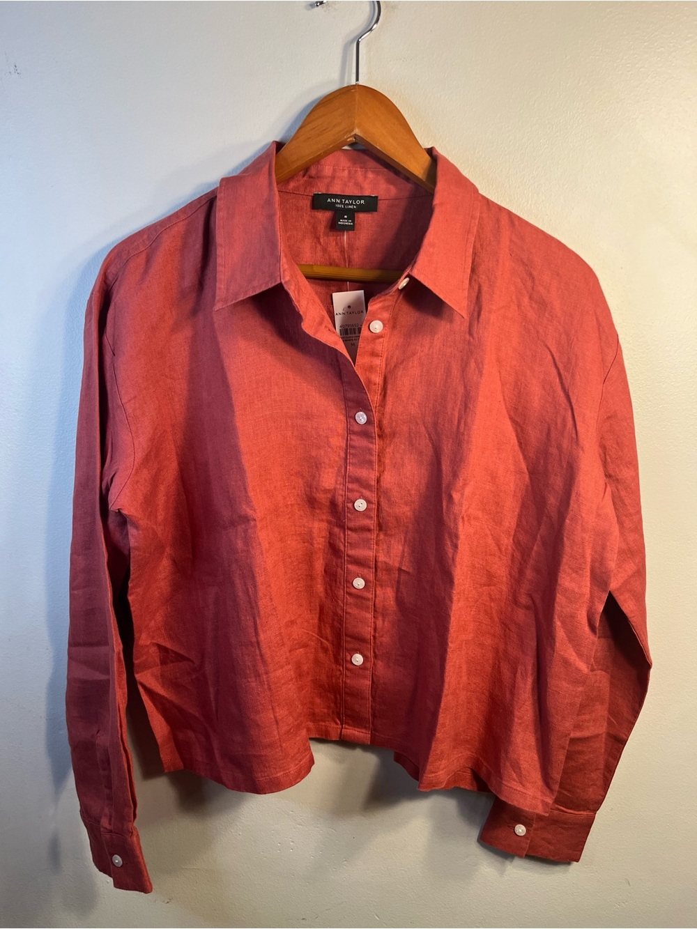 Ann Taylor Rust Button-Front Boxy Cropped 100% Linen Shirt NWT